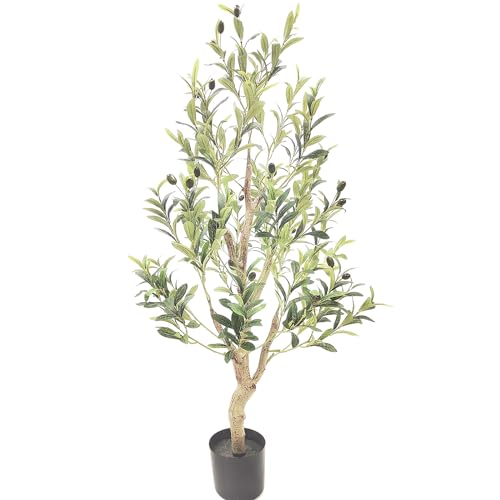 Artificial Olive Tree Faux Silk Plant - 4ft for Home Office Decor Indoor Fake Potted Tree with Natural Wood Trunk and Lifelike Fruits Housewarming