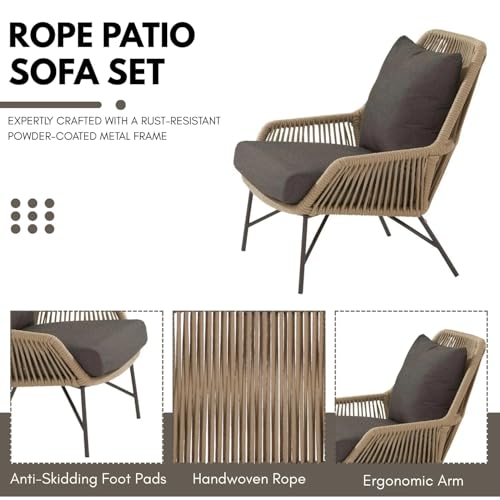 Image of DEVOKO 4-Piece Outdoor Rope Patio Conversation Loveseat Furniture with Cushions for Gardan Livinging Room Lawn (Beige and Black)