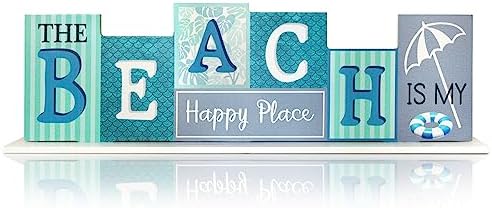 Beach Decor, DECSPAS Double Sided Wooden Sign Patriotic Coastal Decor, Decorative Colorful Wood Block Set Fourth of July Decorations Beach Room Decor for Mantle, Tabletop, Office