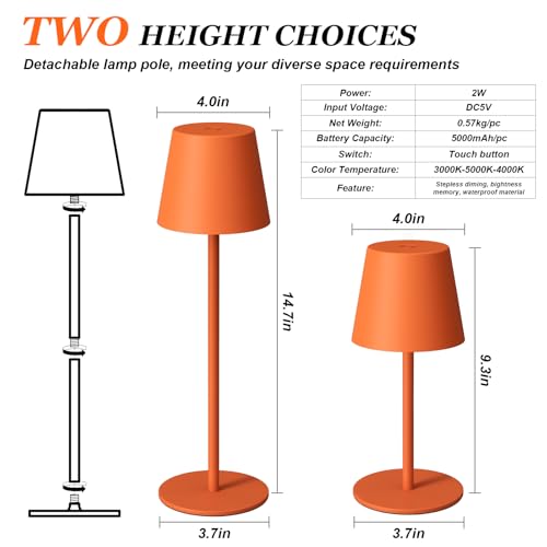 Image of Kakanuo Cordless Table Lamp Rechargeable Orange - KK 2 Pack 5000mAH Battery Operated Lamp for Counter, 3 Color Stepless Dimming Wireless Lamp for Dining Kitchen, Outdoor Patio, Touch Control