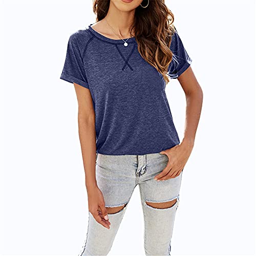 Damen T-Shirt Women's T-Shirt, Damen Tops Shirt Pullover Damen Basic Sports Top O-Neck Loose Fit T-Shirt Casual (Blau,34-36) Cover