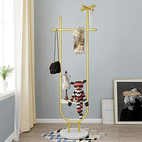 TIEOU Stylish Gold Coat Racks, Freestanding Coat Rack Stand, Gold Clothing Rack with Shelves, Clothes Rack for Hanging Clothes, Modern Coat Rack, Hat Hanger Hall Tree, Small Corner Coat Rack, Gold Cover
