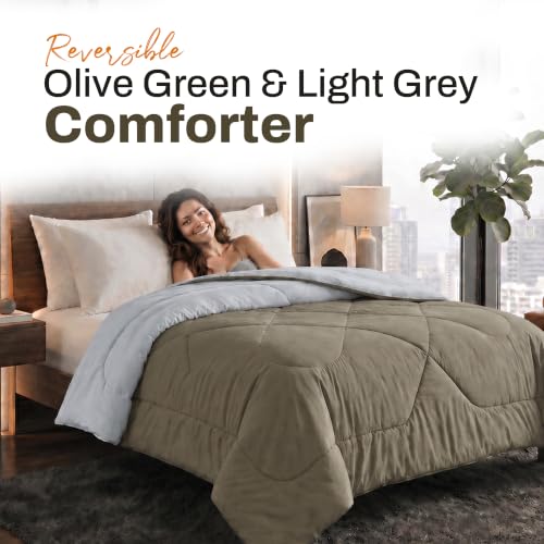 Image of DECORUM Reversible Microfiber Comforter for Double Bed | Olive Green & Light Grey | Soft Lightweight All Season Quilt | Premium Filled Bed Comforter | (228 X 223 CM)