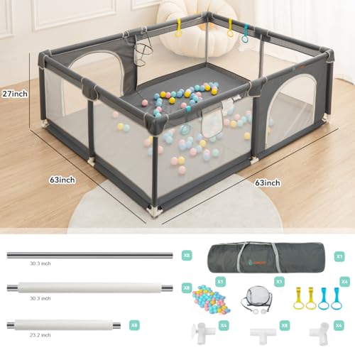 Image of COMOMY Playpens for Babies and Toddlers, 63 inchx63 inch Baby Playard Extra Large, Safe and Non-Slip Baby Fence, Full Mesh Design, Indoor & Outdoor Kids Activity Center, Play Pens (Dark Grey)