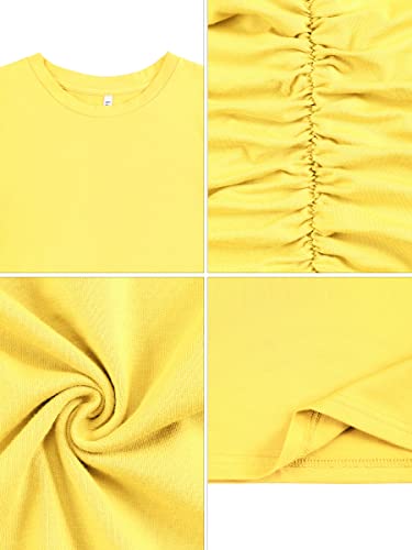 Laughido Women's Ruched Casual Plain Sundress Short Sleeve Knee Length Sheath Bodycon T Shirt Dress Yellow #TOP3