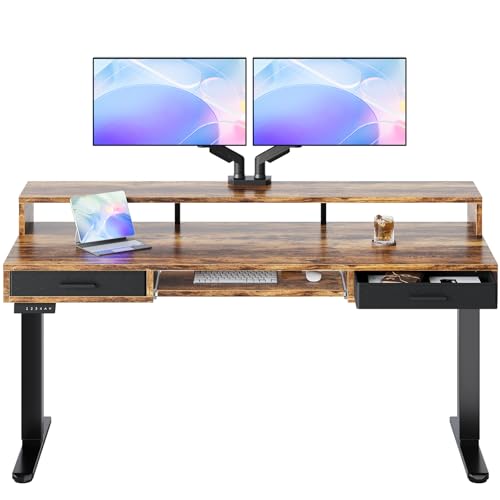 Image of HUANUO 63″ x 26″ Electric Standing Desk with 2 Drawers &24.4″ Large Keyboard Tray, C-Clamp Mount Compatible, Adjustable Computer Desk for Office, Sit Stand Up Desk with 4 Height Presets, Vintage Brown
