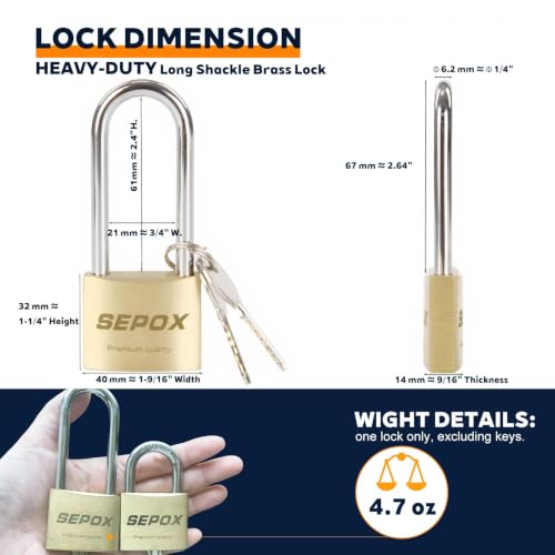 Image of SEPOX Solid Brass Padlock 40mm, Extra Long Shackle 2.6 inch, 6 Same Keys, 3Pcs