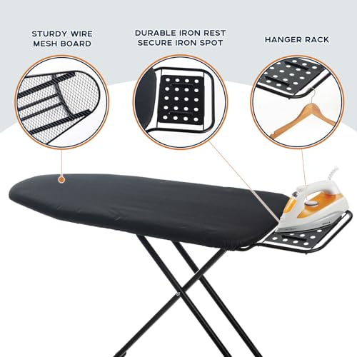 CozyCraft Large Ironing Board With Iron Rest, 121×41cm Folding, Height Adjustable With Heat Resistant Cover and Anti-Slip Iron Stand, Black - Image 4