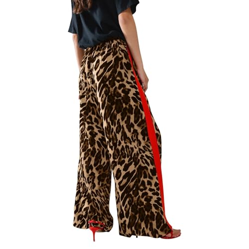 Kubbon Leopard Pants Women Elastic Waisted Wide Leg Pants Casual Stretchy Lounge Pant Palazzo Trousers with Pockets3