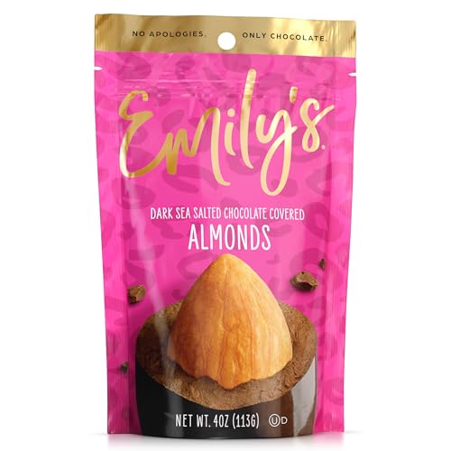 Emily's Dark Sea Salted Chocolate Covered Almonds, Sweet and Salty Flavored Snack Nuts, No Artificial Flavors or Colors, Gluten-Free, Resealable Bag, 4oz