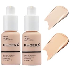 2 Pack PHOERA Foundation Makeup For Older Women,Flawless Soft Matte Liquid Foundation 24 HR Oil Control Concealer Foundation Makeup(101 Porcelain+102 Nude)