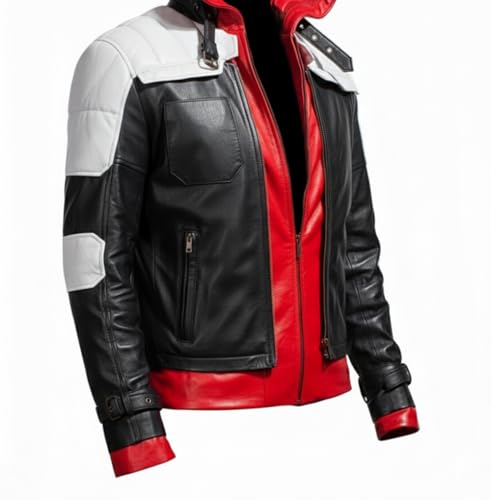 Image of Men's Motorcycle Jacket with Red Hood, Black White Faux Leather (XXL)