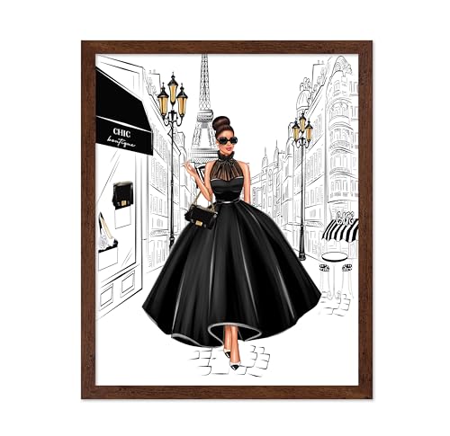 Image of Poster Master Lady in Black Print - Fashion Poster - Paris Designer Art - Modern Wall Design - Chic Gift for Women & Fashionista - Glam Decor for Bedroom or Girl's Room - 16x20 Brown Framed