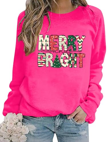 Christmas Sweatshirts Women Merry and Bright Christmas Crewneck Shirts Xmas Holiday Glitter Long Sleeve Pullover Top