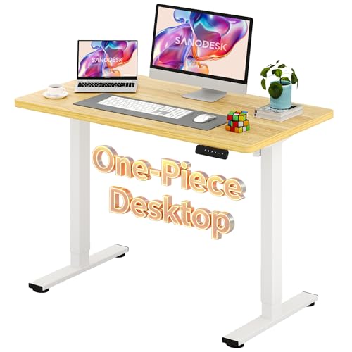 Image of SANODESK Electric Standing Desk 48 x 24 Inches Whole-Piece Desktop Height Adjustable Stand Up Desk w /6-Button Controller Ergonomic Computer Desk for Home Office, White Frame + Natural Tabletop
