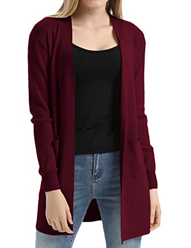 GRACE KARIN Women Open Front Cardigan Sweaters Pockets Long Sleeve Shrugs (2XL,Deep Red)