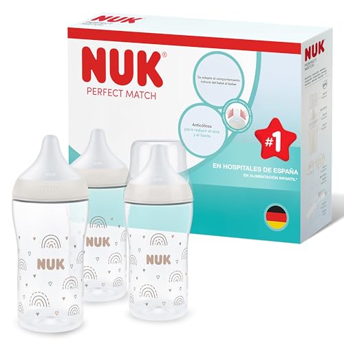 Set de 3 biberones Perfect Match de NUK | +3 meses | Se adapta al bebé como el pecho de mama | Control de temperatura | Ventilación anticólico | 260 ml | Tetina mediana (silicona) | Arcoíris