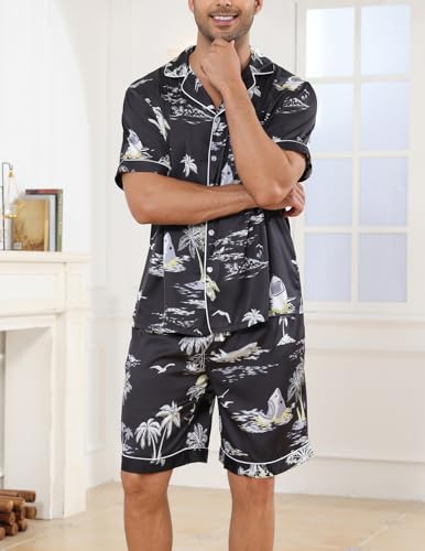 Veseacky Mens Silk Satin Pajamas Set Short Sleeve Sleepwear Button-Down Pjs Sets Two-Pieces Loungewear with Pockets S-XXL2