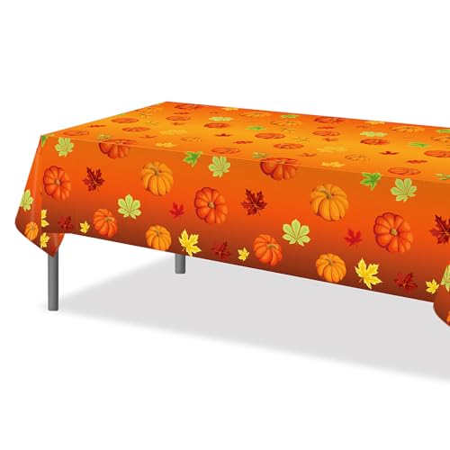 iwiio Autumn Pumpkin Maple Leaves Table Cover, Orange Rectangle Plastic Tablecover for Autumn Decor, Halloween Table Cloth, Thanksgiving Decorations 130 * 220cm