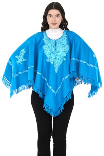 Image of Premium Women's Kashmiri hand embroidery floral woollen poncho Indian cape wrap shrug Free size