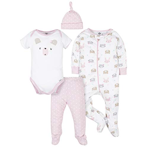 Gerber Baby Girls' 4-Piece Sleep 'N Play, Onesies, Pant and Cap, White Bear, 0-3 Months