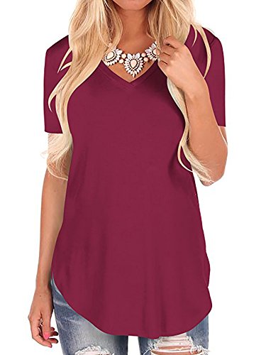 Aifer Women V Neck Long/Short Sleeve T Shirt Curved Hem Casual Basic Tops
