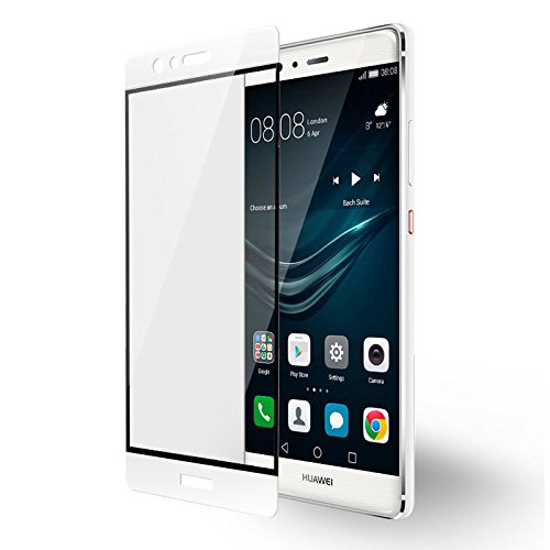 Protector de Pantalla Completa para Huawei P9 lite de Dureza de 9H sin Burbujas ( Blanco ) .Full Cover Huawei P9 lite Cristal Vidrio Templado Premium de Cobertura Completa con Bordes Redondeados.