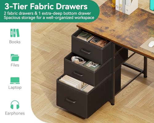 Image of AODK 51 Inch Computer Desk with Drawers & USB Power Outlets, Reversible Home Office Desk with Storage Shelves, Work from Home, Modern Work /Writing /Study Table for Bedroom, Vintage