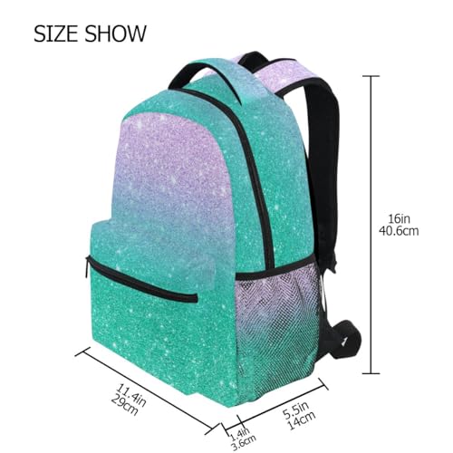 Purple Teal Aqua Glitter Gradient School Backpack, 15L Name Tag School Bags for Girls, Durable Comfy Straps, Multi Pocket, S4