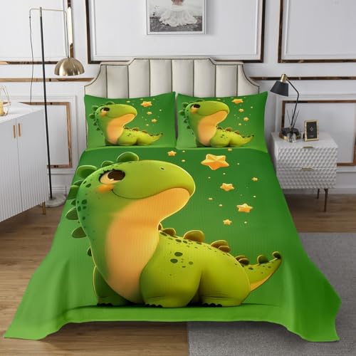 Manfei 3D Cartoon Dinosaur Kids Bedspread Queen Size,Watercolor Stars Dreamy Coverlet Set,Boys Girls Room Decor,Kawaii Dino Ancient Wild Animal Quilted Coverlet,Green Bedding Quilt,2 Pillowcases