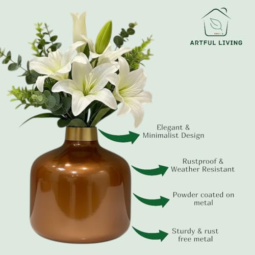 Image of Artful Living India - Round Metal Flower Vase | Round Vintage Vase for Living Room, Table, Office Decoration & Home Decor | Antique Decorative Metal Vase (Copper Orange)