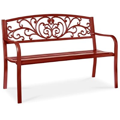 Best Choice Products Outdoor Bench Steel Garden Patio Porch Furniture for Lawn, Park, Deck w/Floral Design Backrest, Slatted Seat - Rust