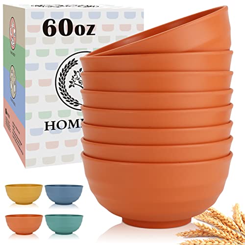 Homienly Large Bowl Set of 8, 60 oz Orange Wheat Straw Bowls, Unbreakable & Microwave Safe, Big Soup and Salad Bowls for Wedding, Party, Camping, Family Dining
