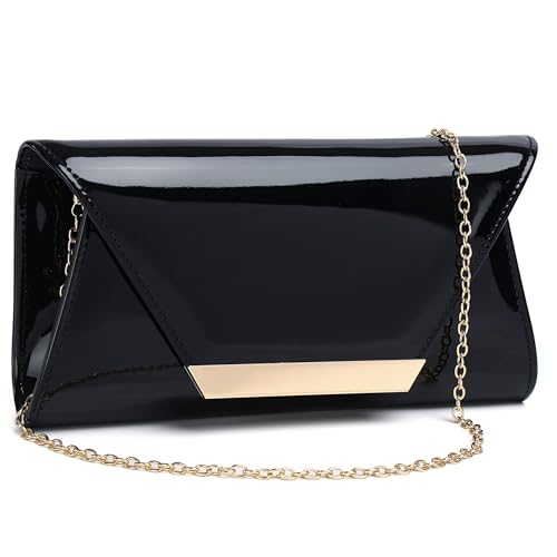 Gurina Elegant Patent Leather Clutch Purse for Women Formal Evening Clutch Bag with Chain for Wedding Party Prom (Z6S Black)
