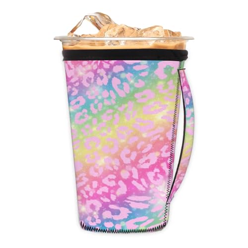 Colorful Leopard Prints Reusable Neoprene Coffee Sleeve with Handle Insulated Iced Coffee Cup Holder Reduces Condensation Fits 24-28 oz Cups M