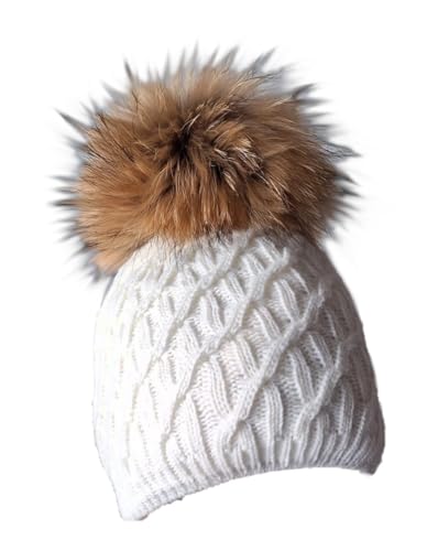 MERRYLAND Mütze Echtfellbommel Pudelmütze ECHTFELL Bommelmütze Hat Real Fur Pompom Beanie Fellbommel Echt Fell Strickmütze Bommel Pelzbommel Waschbär Raccoon Pelz