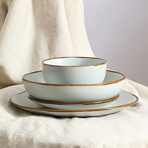 Image of Stone Lain Brasa Stoneware 16 Piece Modern Dinnerware Set, Plates and Bowls, Service for 4, Light Green, Microwave & Dishwasher Safe