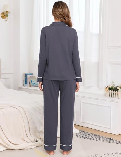 Image of Veseacky 100% Cotton Women's Pajama Set Long Sleeve Button Down Sleepwear Soft Pjs Lounge Sets Nightwear Pjs XS-XXL
