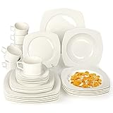 SINTUNS Porzellan Geschirrset 6/12 Personen, 30 teiliges Modern Cremeweiß Eckig Tafelservice mit Speiseteller, Suppenteller, Kuchenteller, Kaffeetassen und Untertasse, Weihnachts Neujahrsgeschenke