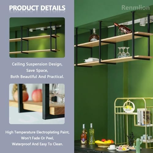 Wall Mounted Metal Ceiling Pot Rack, Kitchen Shelf Storage for Pots and Pans, Floating Wooden Shelf, Black Wine Rack, Space-Saving Organizer (130x30x80cm)