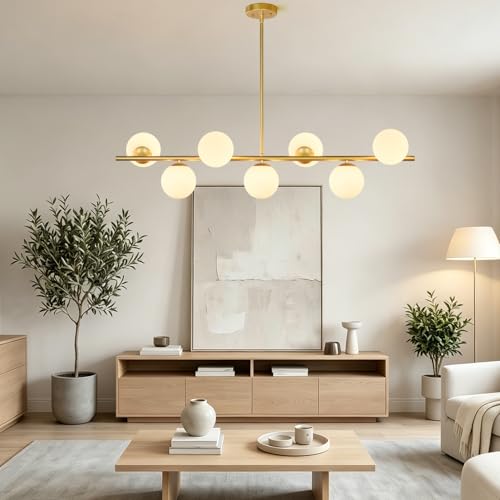 Globe Modern Sputnik Chandeliers for Dining Room Chandelier, 7-Light Dining Room Light Fixture Over Table, Mid Century Linear Chandelier Gold and Milk White Bubble, 43.3 Inch (Bulbs not Included) by MQMQA - Image 7