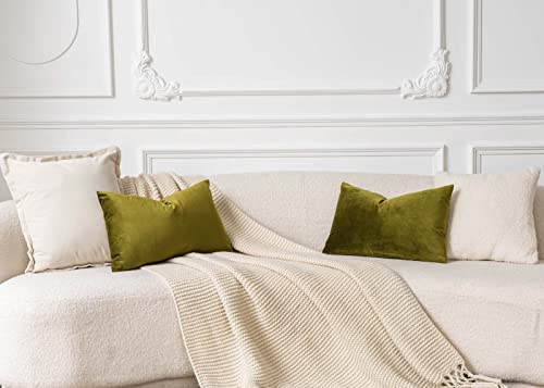 Image of 12x20 Decorative Lumbar Velvet Throw Pillow Covers Set of 2,Olive Green | JUSPURBET Cozy Soft Couch Covers with Invisible Zipper for Modern Couch Sofa Bed Living Room Bedroom Home Decor