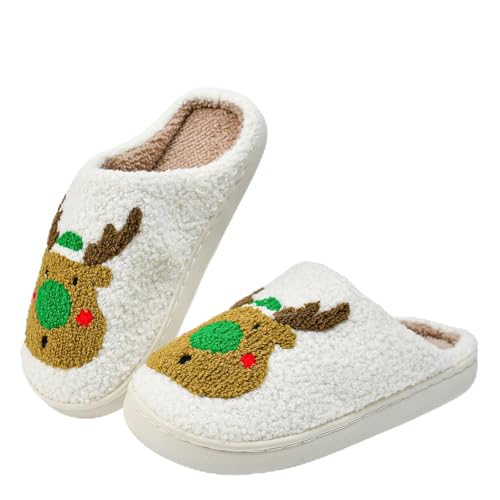VGECEE 1 par de pantuflas de invierno de felpa, alce, zapatillas cálidas de felpa para adultos, divertidas, de felpa, cálidas, pantuflas de casa, zapatillas de casa, zapatillas de casa de Navidad