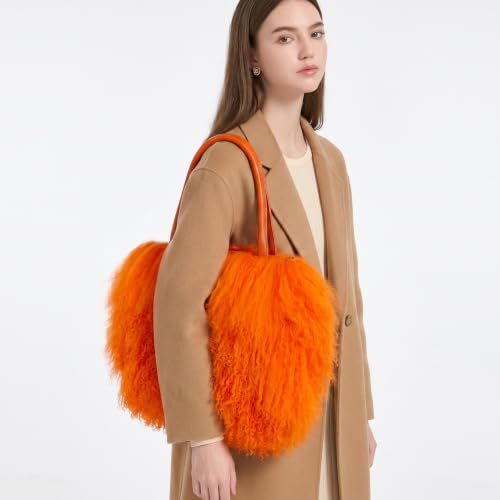 Image of Women Luxury Real Lamb /Mongolian Flush Wool Fur With Genuine Leather Handles Handbag
