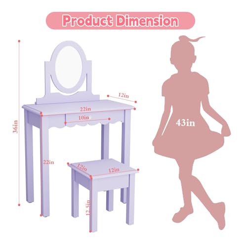Image of HLR Kids Vanity, Girls Vanity Set with Mirror and Stool, Wooden 2 in 1 Princess Makeup Desk Dressing Table with Detachable Top, Toddler Vanity Dresser Set with Drawer for Little Girls, Purple