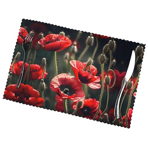 Set de table de Noël coquelicot rouge imperméable lavable lot de 6 - 4