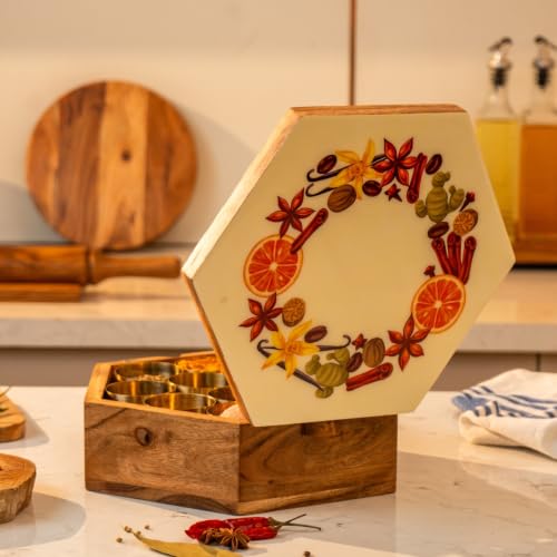 Image of Rasika Acacia Wood & Brass Masala Box with 12 Brass Containers | 150ml Brass Spice Bowls | Handcrafted Wooden Masala Box Organizer | Kitchen Spice Storage Box | 10.5 x 11.5 x 3.75 Inches
