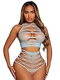 WDIRARA Women's 2 Piece Fishnet Mesh Hollow Out Wireless Bra and Panty Lingerie Set Light Blue one-Size
