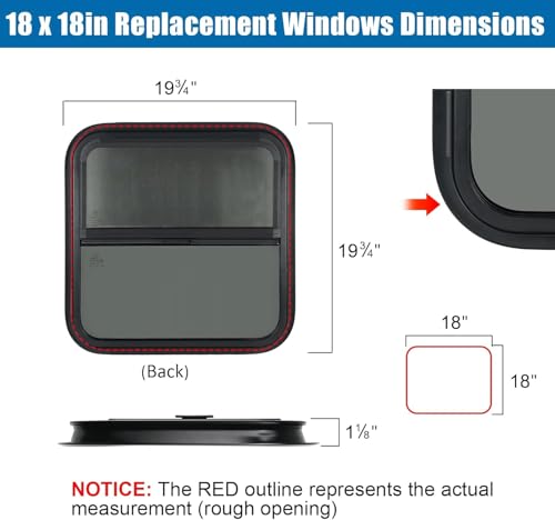 Image of Vertical RV Window, 18 inch W x 18 inch H Tinted Sliding RV Window with Net Screen and Trim Ring, Suitable for 1-1 /8 inch Thick Walls, DOT Approved