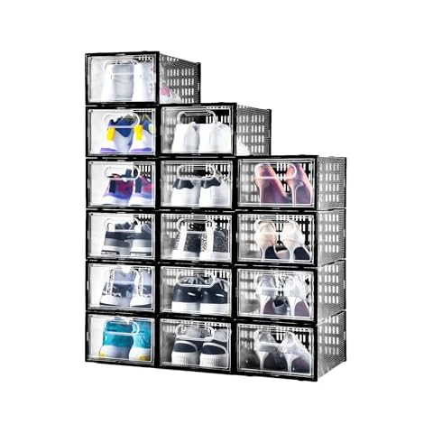 YOISDJL 15 Pack Shoe Storage Boxes, Clear Plastic Stackable Shoe Organizer For Closet, Shoe Box With Magnetic Door, Foldable Shoe Storage Bin, Sneaker Storage Box Shoe Rack Container Holder Cover